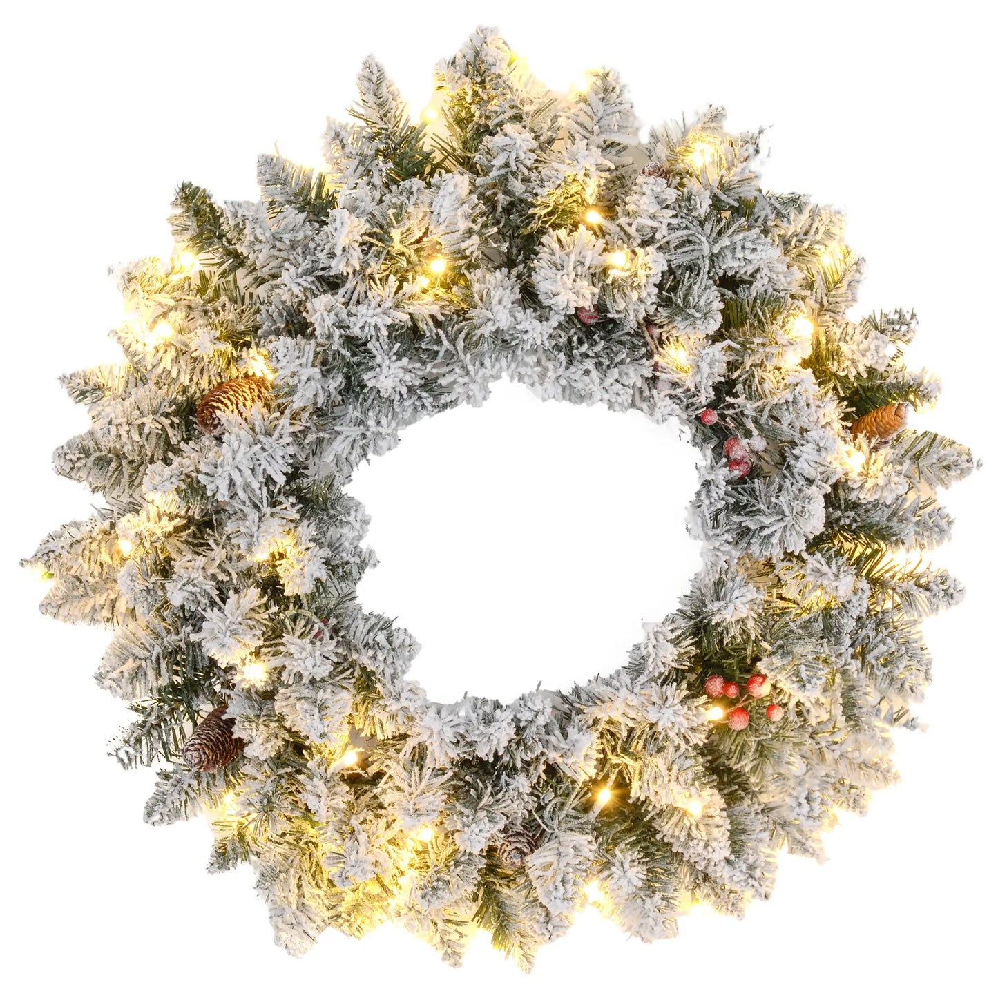 24" Flocked Christmas Wreath with Lights, Pine Cones, Berries, Green Christmas Wreaths at Gallery Canada