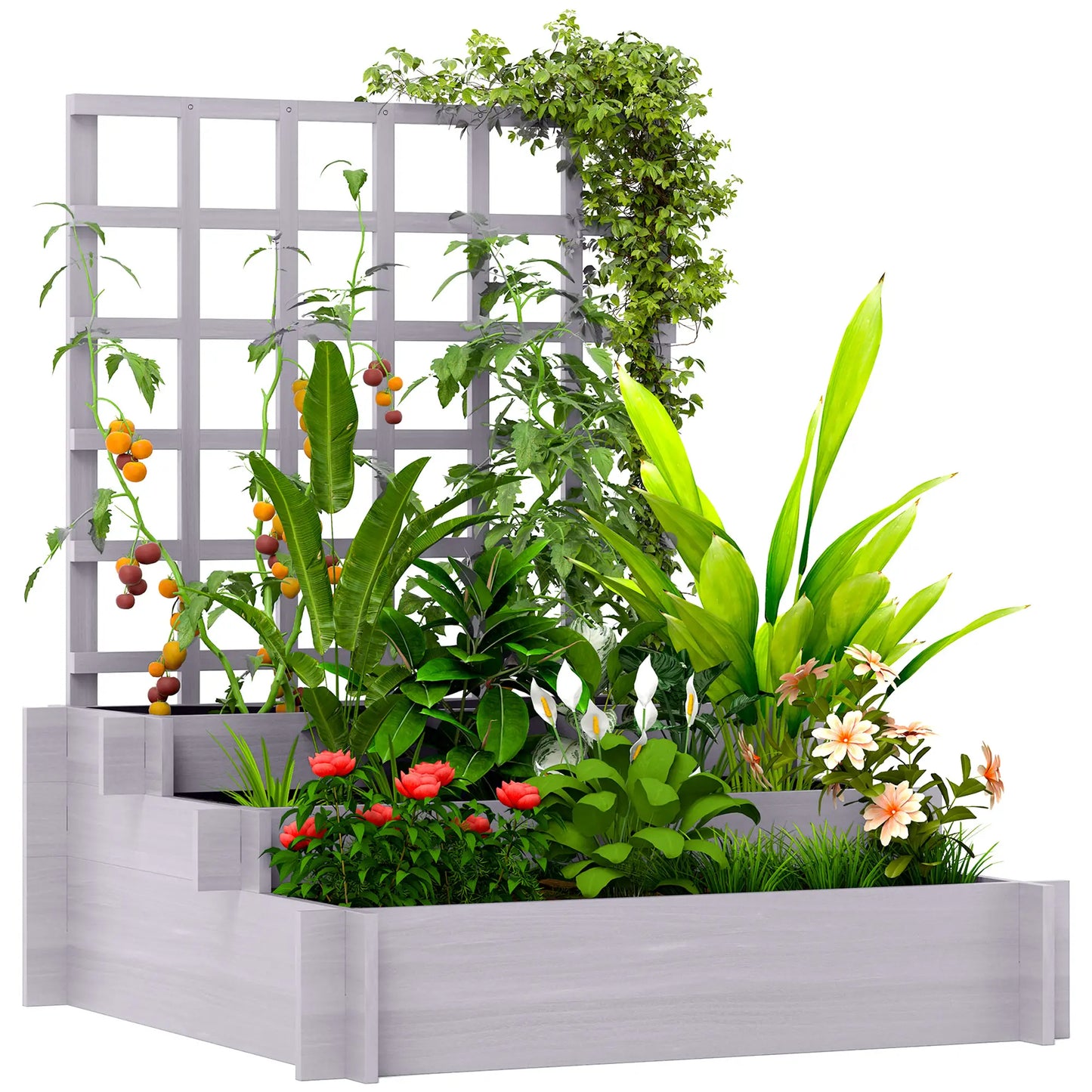 Wooden Elevated Planter Box with Trellis, 3 Tier Raised Garden Bed, Grey Raised Garden Beds at Gallery Canada