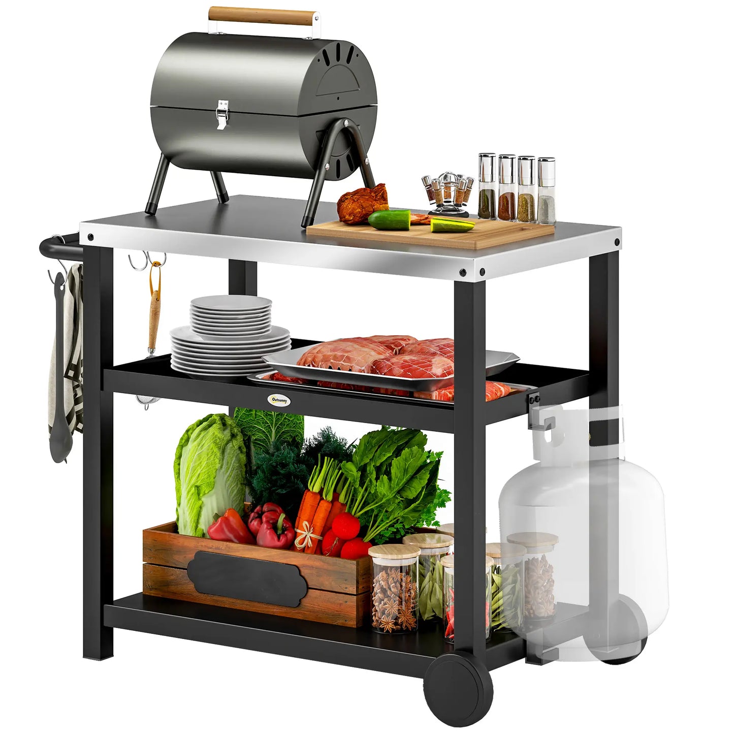 3-Shelf Outdoor Grill Cart, Stainless Steel Top, Movable BBQ Table, Charcoal Grey Outdoor Grill Carts at Gallery Canada