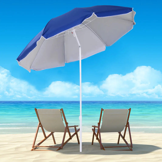 6.7ft Beach Umbrella, Push Button Tilt, Ruffled, Blue Beach Umbrellas Blue at Gallery Canada