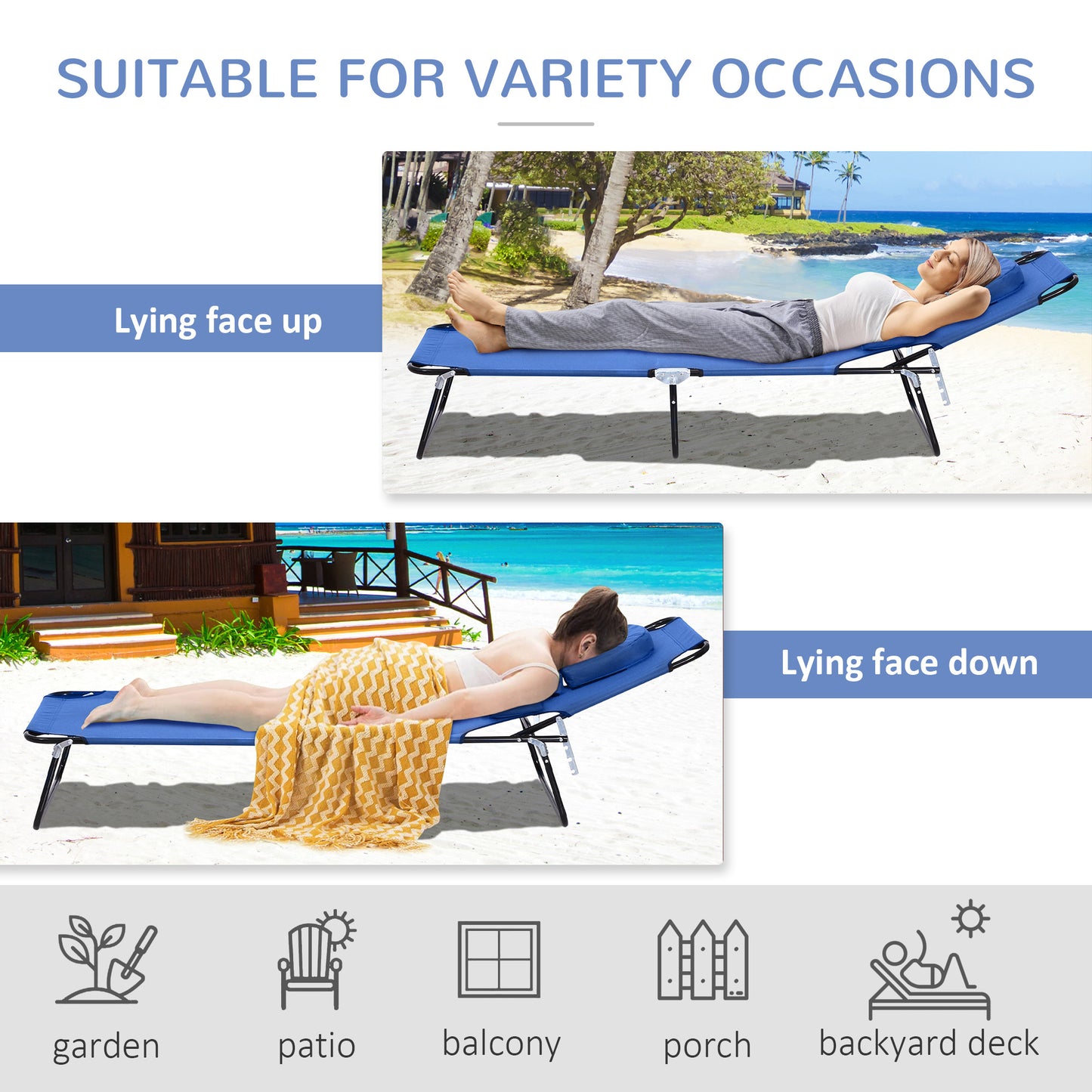 Adjustable Outdoor Lounge Chair, Garden Folding Chaise Lounge w/ Reading Hole Reclining Tanning Chair Seat, Folding Camping Beach Lounging Bed with Support Pillow, Blue at Gallery Canada