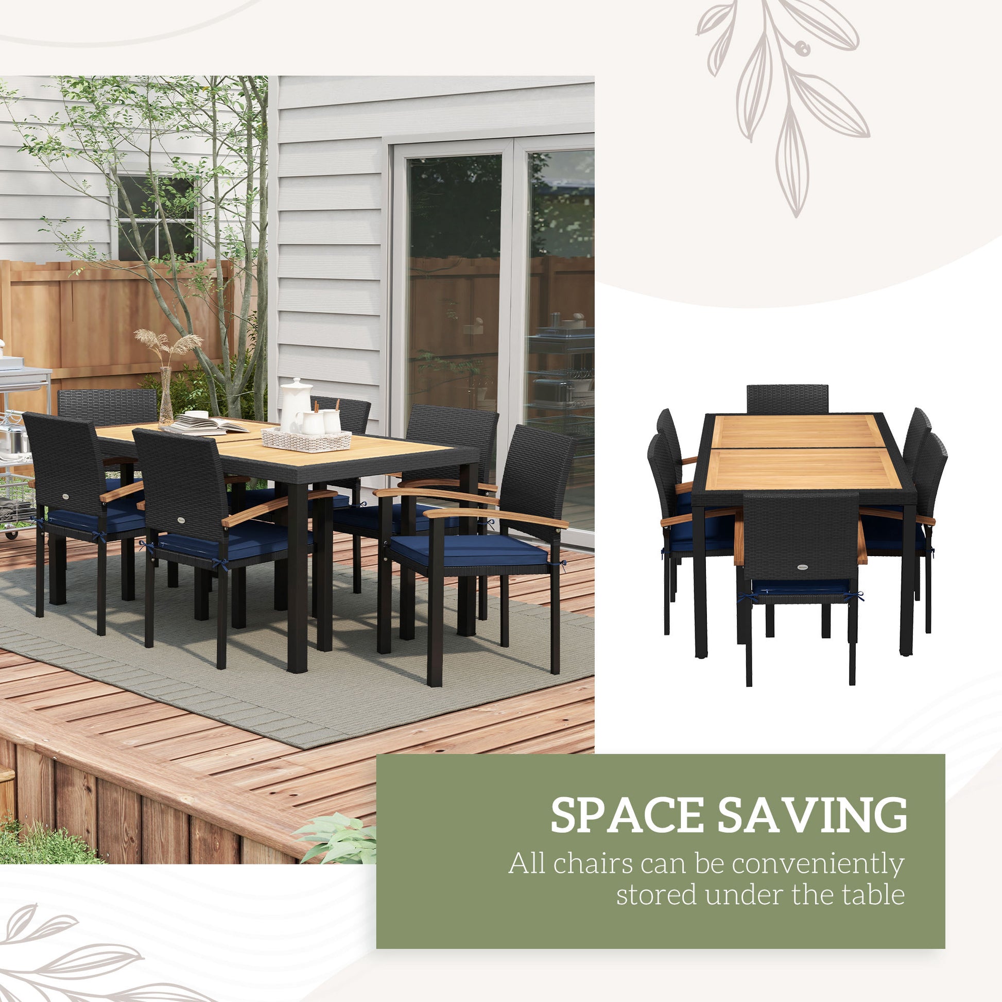 Outdoor Dining Set 7 Pcs Space-Saving PE Rattan Patio Table and Chairs w/ Acacia Wood Table Top Soft Cushions, Black at Gallery Canada