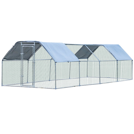 9.2' x 24.9' Metal Chicken Coop, Galvanized Walk-in Hen House, Poultry Cage Outdoor Backyard with Waterproof UV-Protection Cover for Rabbits, Ducks - Gallery Canada