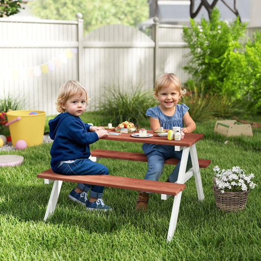 Kids Wooden Picnic Table and Benches Set for 4, Natural Wood Kids Outdoor Furniture Brown, White at Gallery Canada