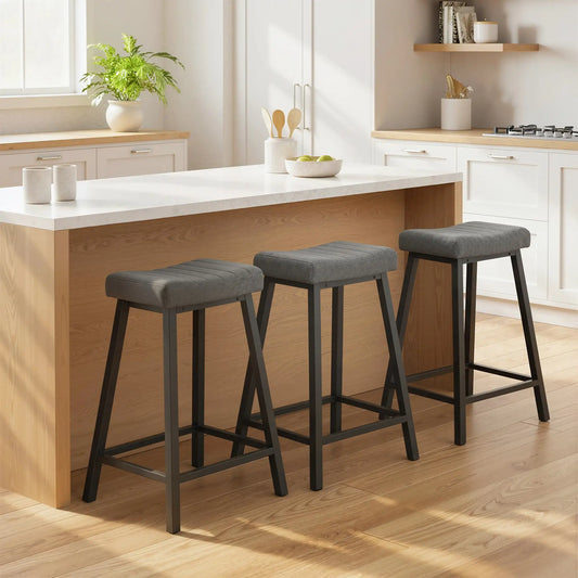Set of 3 Velvet Bar Stools, Curved Seat with Footrest, Grey Bar Stools at Gallery Canada