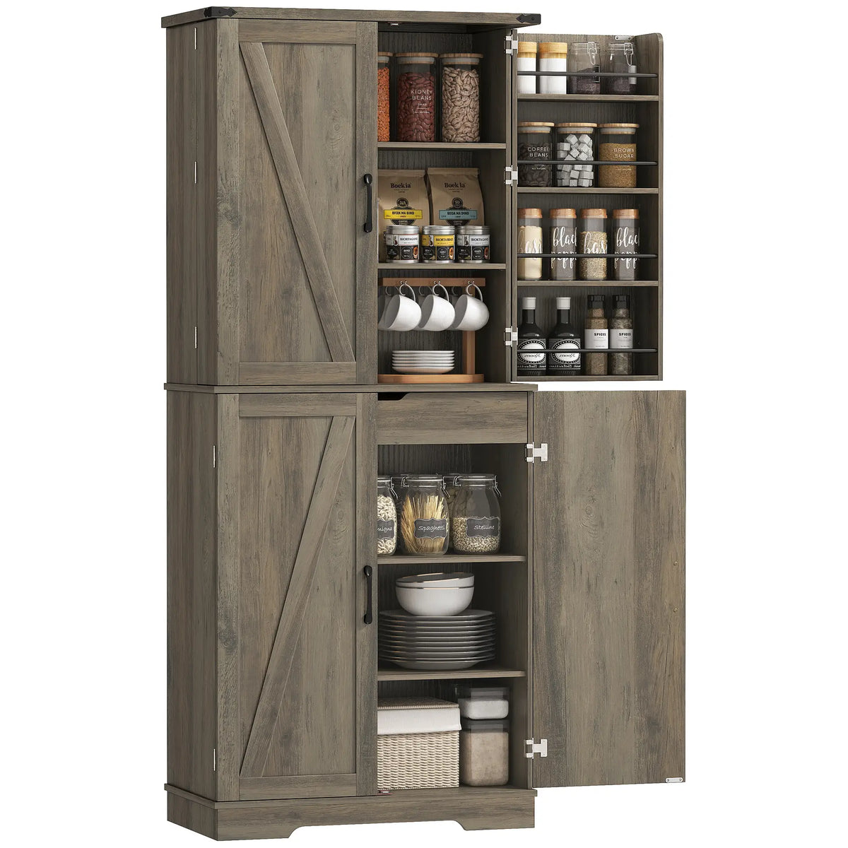 72 Inch Kitchen Pantry Cabinet, Farmhouse Storage with 4 Doors, Drawer, Grey Kitchen Pantry Cabinets at Gallery Canada