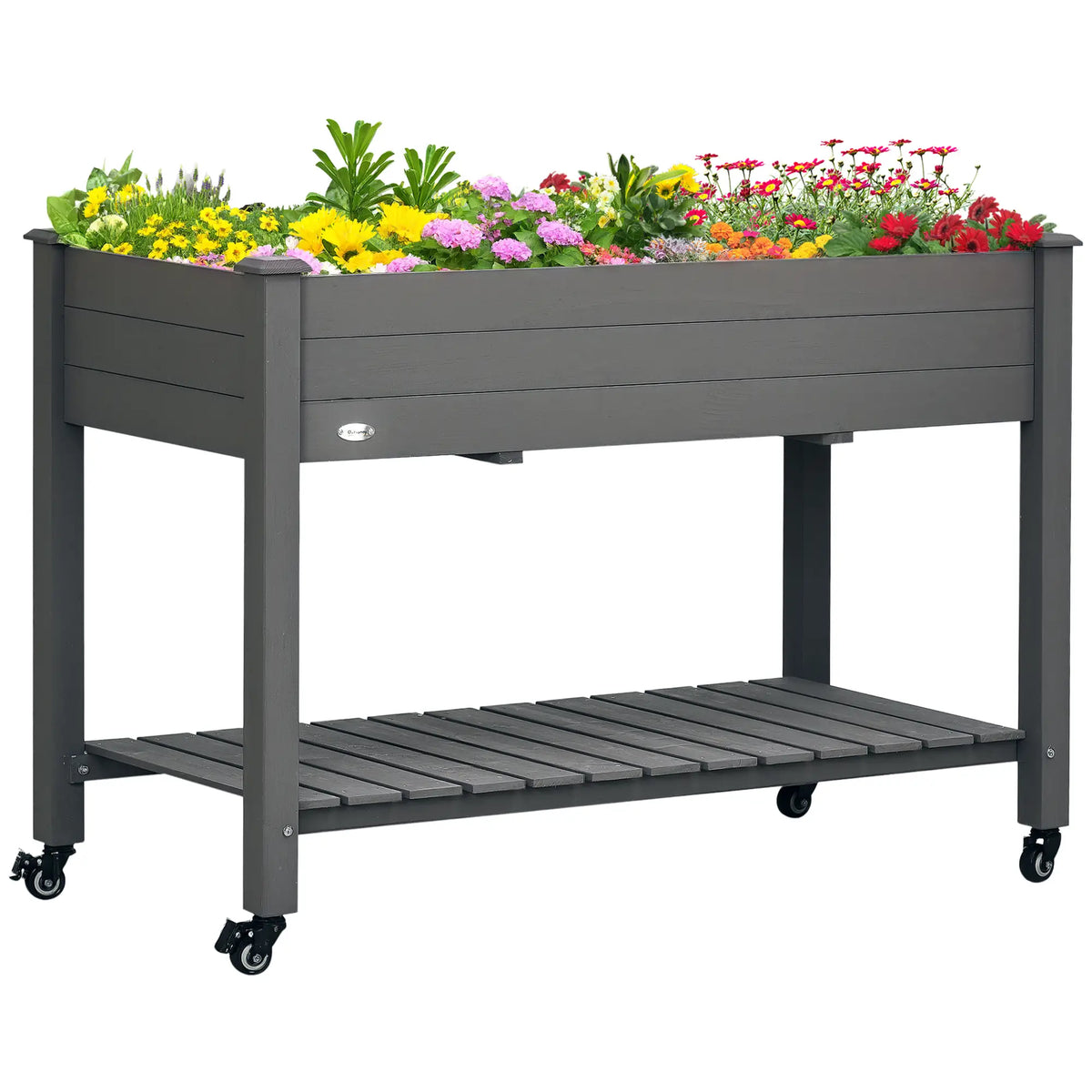 Lit de Jardin surélevé Mobile, Bac à Plantes en Bois avec Roues, Étagère de Rangement, Gris Foncé