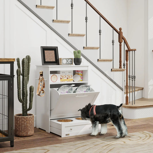 Station de Nourriture pour Animaux, Armoire de Stockage pour Nourriture de Chien avec Bols, Gris