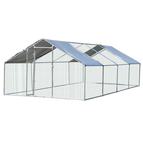 Chicken Run Walk-In Metal Chicken Coop, 3 Rooms Galvanized Poultry Cage Outdoor with Waterproof UV-Protection Cover for Rabbits, Ducks, 9.8' x 26.2'