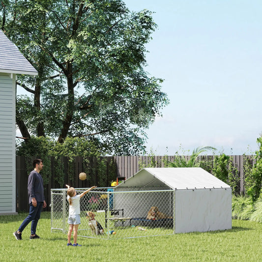 Galvanized Steel Dog Kennel, Outdoor, Waterproof UV-Resistant Cover, Large Dogs, 13.1' x 7.5' x 4.9' Houses, Kennels & Pens Silver at Gallery Canada