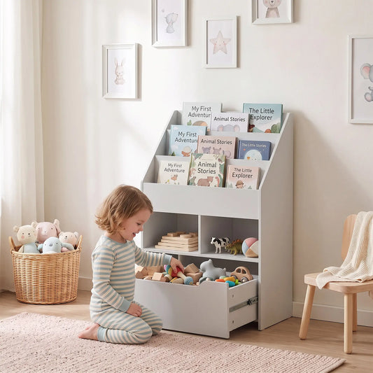 Kids Bookcase, Multi-Shelf Organizer with Drawer, Grey