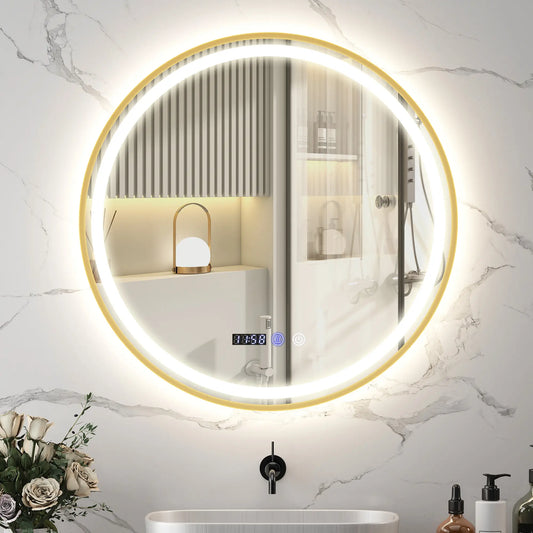 24" Round LED Bathroom Mirror, Anti-Fog, Time Temp Display, Gold Wall Mirrors Gold at Gallery Canada