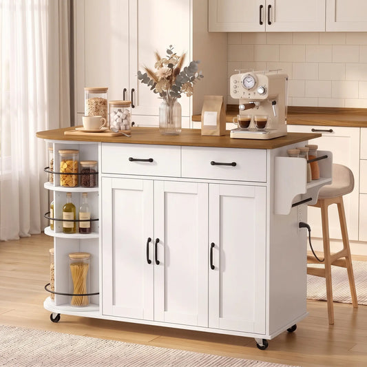 53" Kitchen Island with Outlet, Drop Leaf, Cart on Wheels, White Kitchen Islands & Kitchen Carts Multi Colour at Gallery Canada