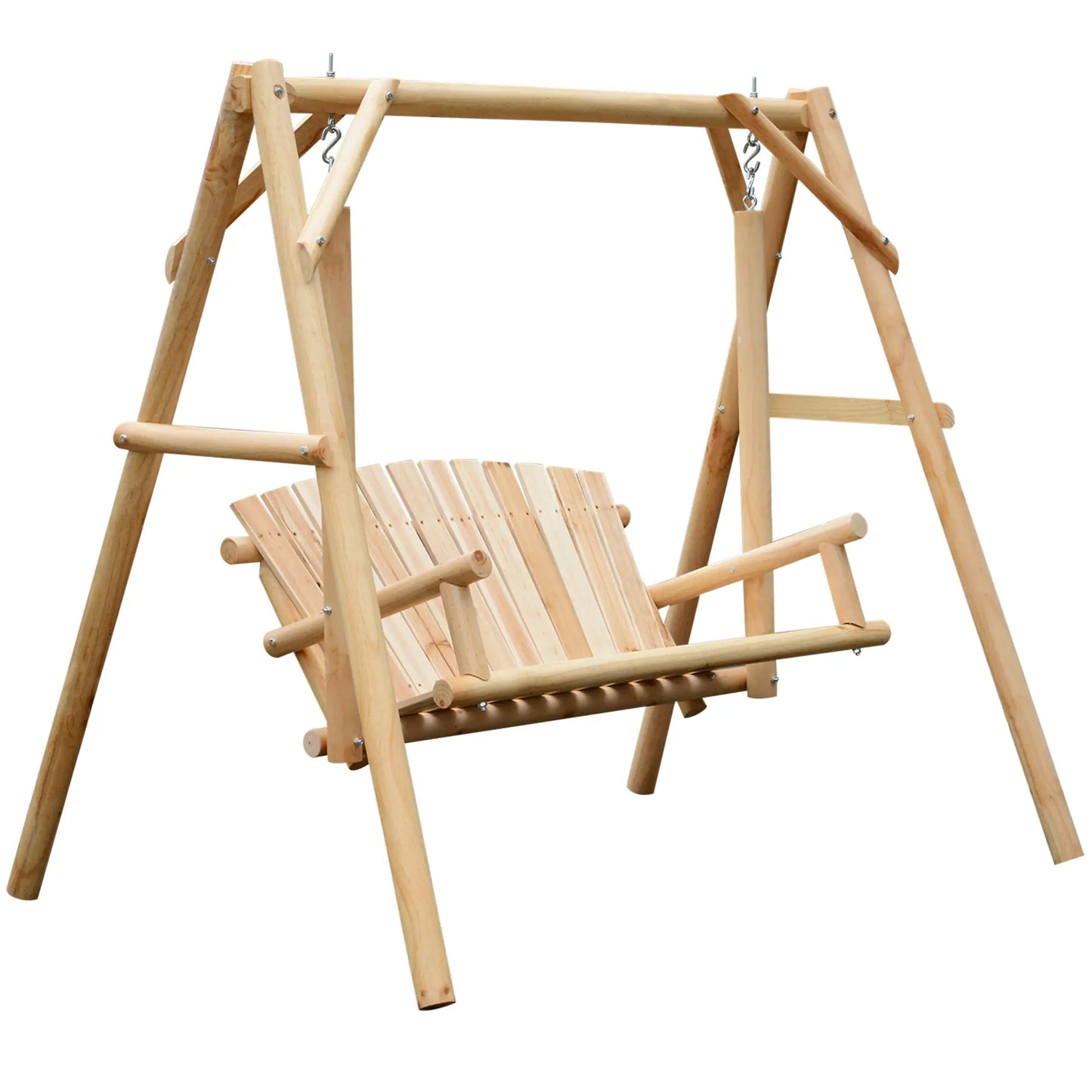 6.5' Wooden Loveseat, Farmhouse Style Log Swing, Natural Wood Patio Swings with Stand at Gallery Canada