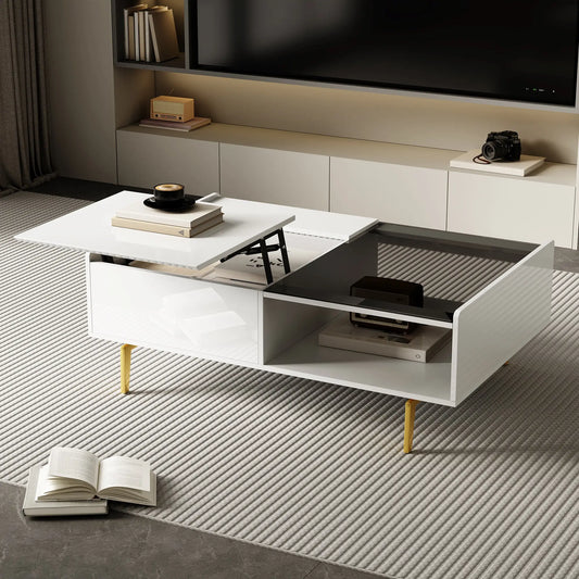 LED Coffee Table, Glass Top with Storage, 43.5" L x 21.5" W x 15.5" H, White Coffee Tables White at Gallery Canada