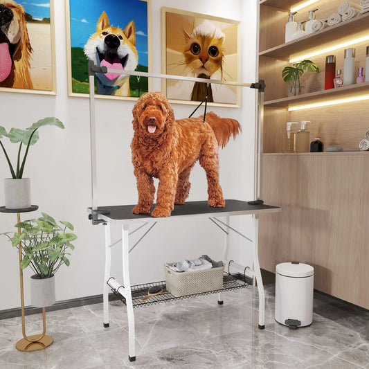 Foldable Dog Grooming Table, Adjustable Arms, Storage Shelf, 42" x 24" x 61", Black Dog Grooming Tables Black, White at Gallery Canada