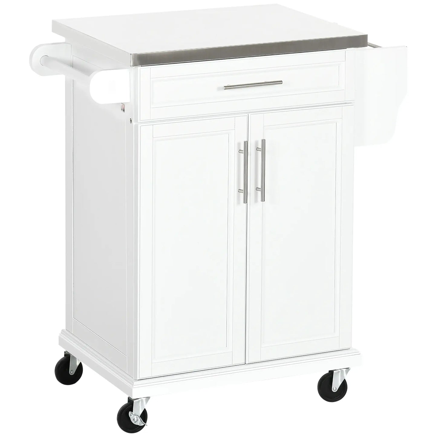 Kitchen Island with Stainless Steel Top, Rolling Cart, Storage Drawer, White