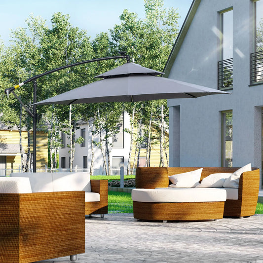 10FT Solar Powered Cantilever Patio Umbrella, Crank, Cross Base, Grey Cantilever Umbrellas Grey, Black at Gallery Canada