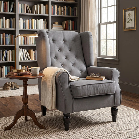 Fabric Accent Chair, Button Tufted, Wood Legs, Thick Padding, Charcoal Grey Accent Chairs Charcaol Grey at Gallery Canada