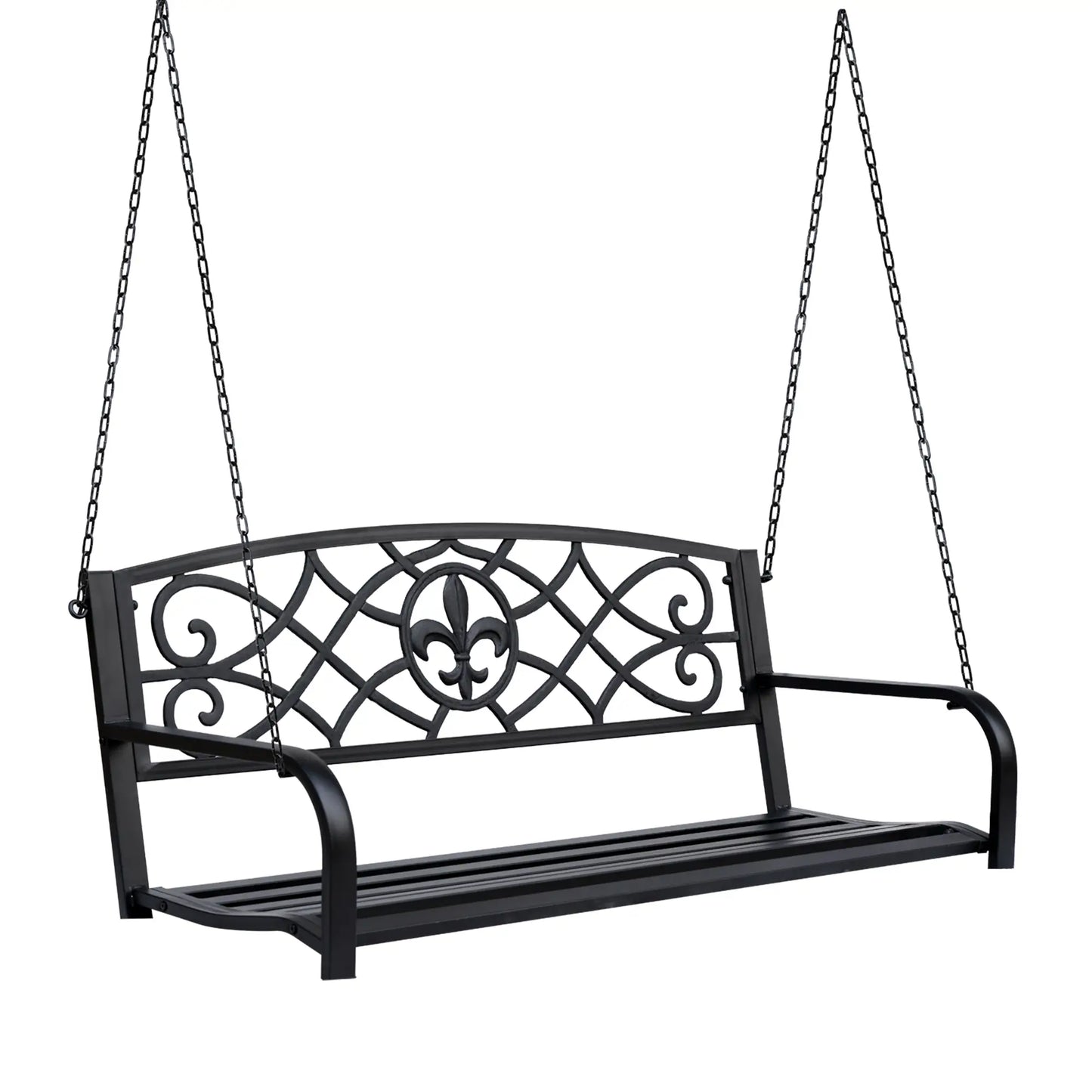 50"L Steel Porch Swing, Fleur-De-Lis Patio Chair, 2-Person Hanging Bench, Black Hanging Porch Swings at Gallery Canada
