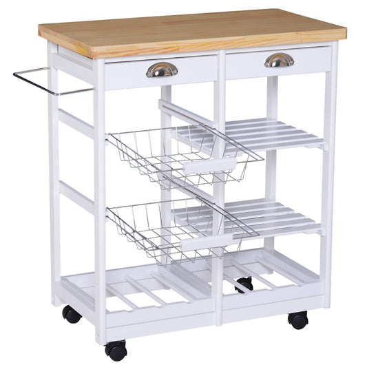 Rolling Kitchen Island Trolley Serving Cart Wheeled Storage Cabinet w/ Basket Shelves and Drawers White - Gallery Canada