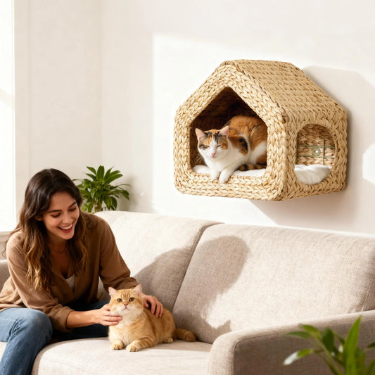 Cat Wall Shelf, Wall Mounted Cat House, Washable Cushion, Natural