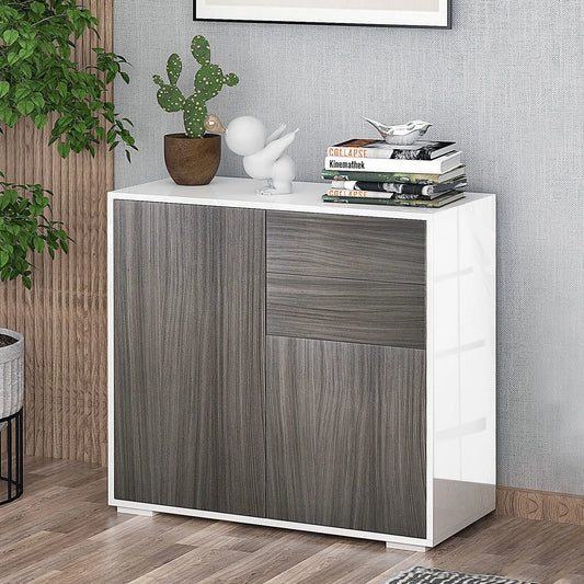 High Gloss Buffet Sideboard, 2 Drawers, 2 Doors, Adjustable Shelf, Kitchen Storage Cabinet, Push Open, White, Grey Storage Cabinets High Gloss White (Frame), Grey Wood Grain (Panel) at Gallery Canada