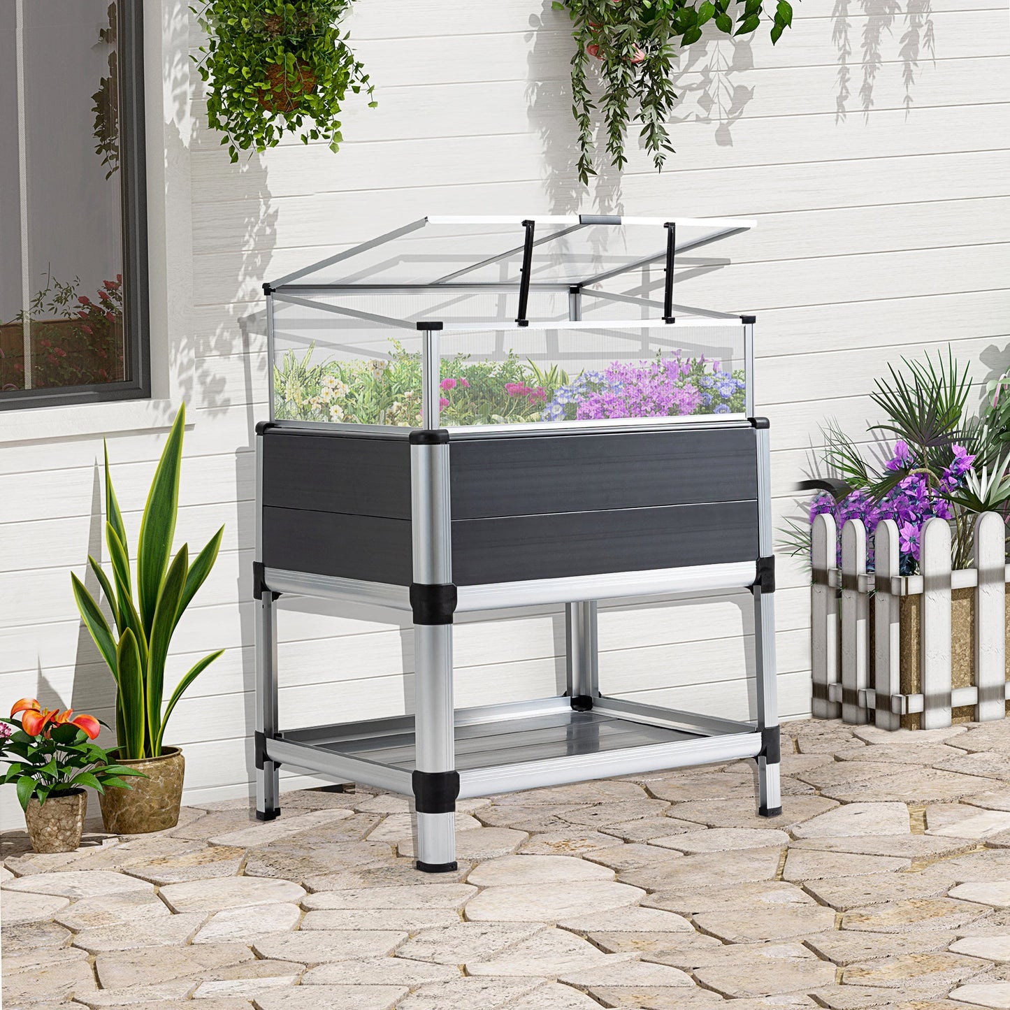 Raised Garden Bed with Cold Frame Greenhouse and Storage Shelf, Aluminum &; PVC Elevated Planter Box for Herbs and Vegetables, Use for Patio, Backyard, Balcony at Gallery Canada