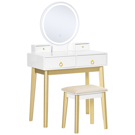 Makeup Vanity Table Set with Round Mirror, Built-in 3 Color LED Light, Dressing Desk with 4 Drawers and Cushioned Stool for Bedroom, White - Gallery Canada