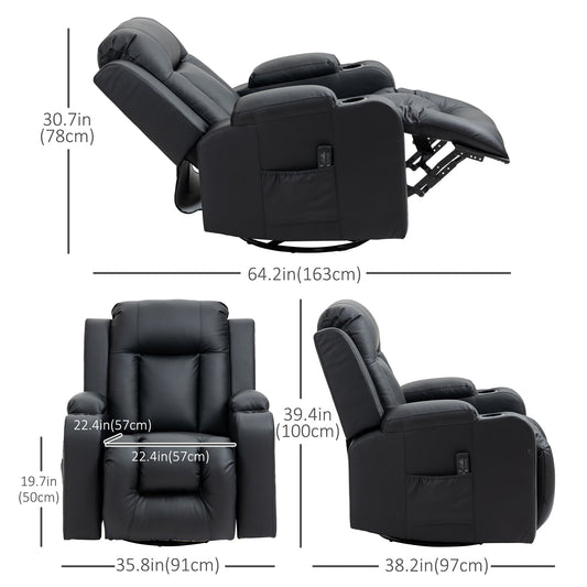 Massage Recliner Chair for Living Room with 8 Vibration Points, PU Leather Reclining Chair with Cup Holders, Swivel Base, Rocking Function, Black at Gallery Canada