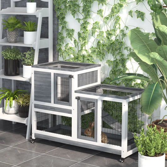Wooden Rabbit Hutch, Indoor Bunny Cage with Wheels, Pull Out Trays, Run, Grey Rabbit Hutch White and Grey at Gallery Canada
