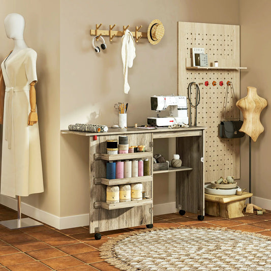 Folding Sewing Table with Storage Shelf, Bins, Lockable Wheels, Grey Storage Cabinets Distressed Grey at Gallery Canada