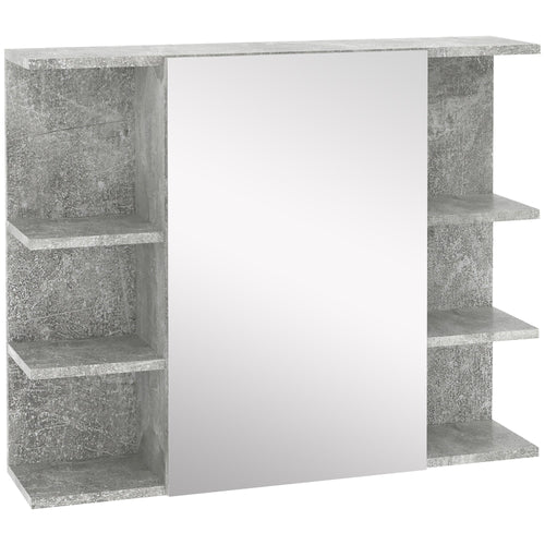Medicine Cabinet with Mirror, Cement-Like Contemporary Bathroom Wall Cabinet with 6 Open Shelves, Grey