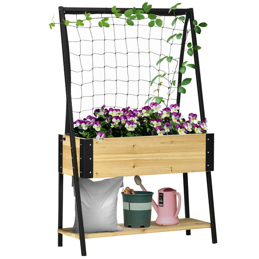 Metal Leg Raised Garden Bed with Trellis, Elevated Planter Box with Storage Shelf, Bed Liner and Drainage Holes, for Vegetable Vines, Climbing Plants, Flowers, Natural - Gallery Canada