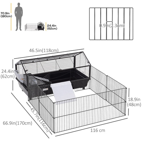 Metal Small Animal Cage, Rabbit Cage for Guinea Pig Chinchilla Hedgehog Bunny with Removable Wheels and Foldable Detachable Run Fence 46.5