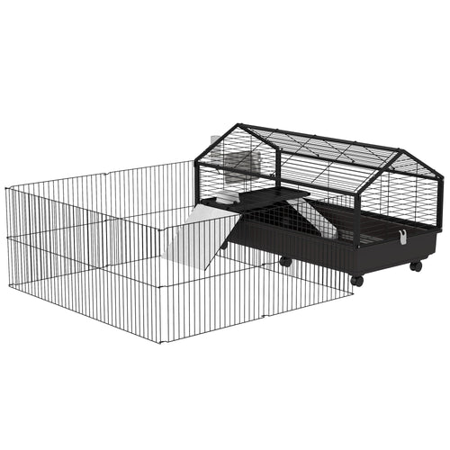 Metal Small Animal Cage, Rabbit Cage for Guinea Pig, Chinchilla, Hedgehog, Bunny with Removable Wheels and Foldable Detachable Run Fence 47.2