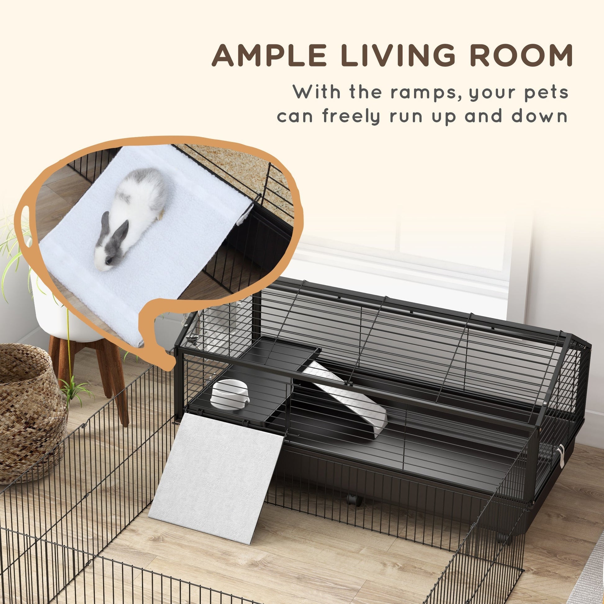 Metal Small Animal Cage, Rabbit Cage for Guinea Pig, Chinchilla, Hedgehog, Bunny with Removable Wheels and Foldable Detachable Run Fence 47.2" L x 66.9" W x 24.4"H at Gallery Canada