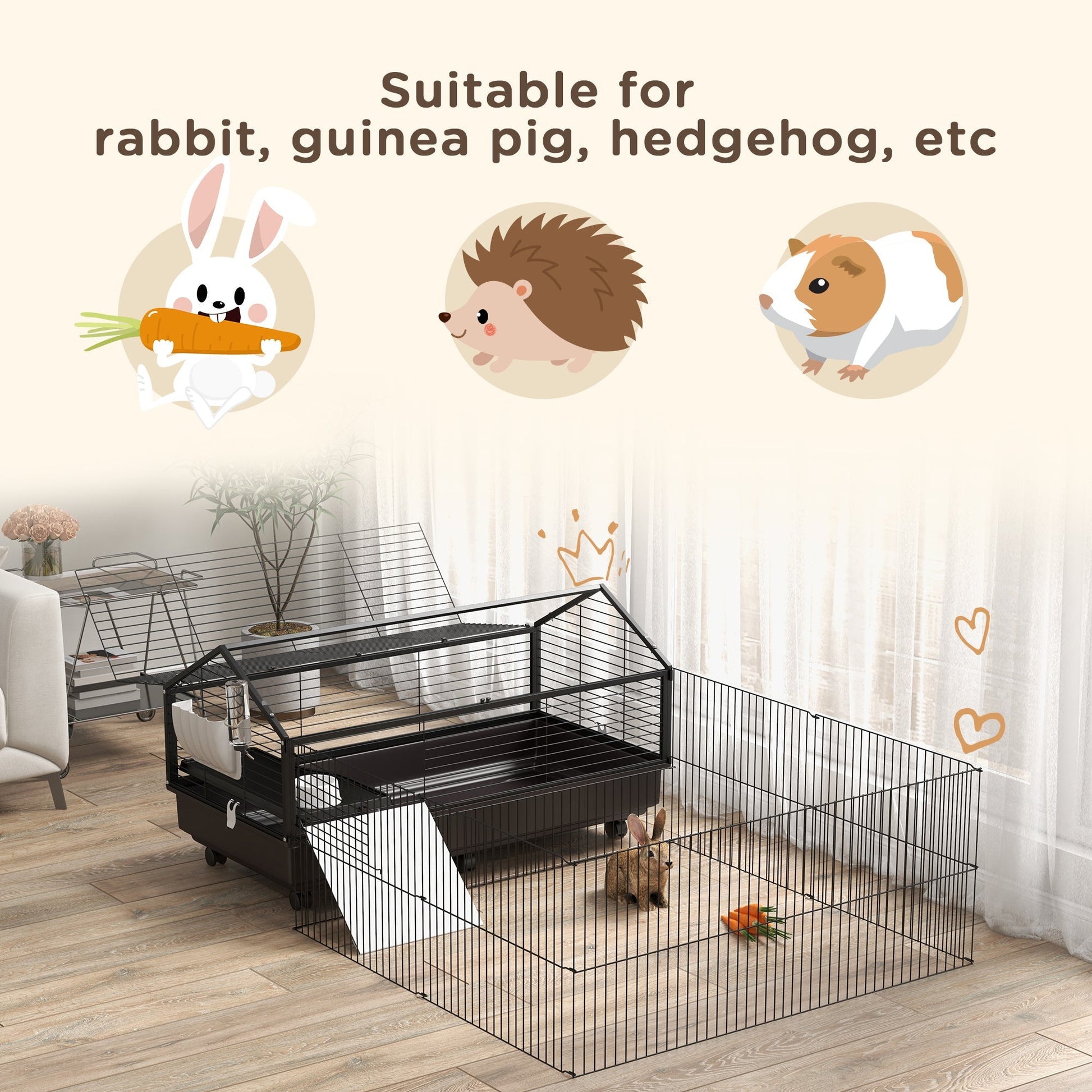 Metal Small Animal Cage, Rabbit Cage for Guinea Pig, Chinchilla, Hedgehog, Bunny with Removable Wheels and Foldable Detachable Run Fence 47.2" L x 66.9" W x 24.4"H at Gallery Canada