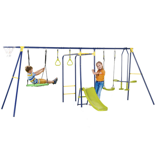 Metal Swing Set for Backyard with Saucer Swing, Glider, Slide, Gym Rings, Basketball Hoop, Heavy Duty A-Frame Stand, Aged 3-12 Years Old at Gallery Canada