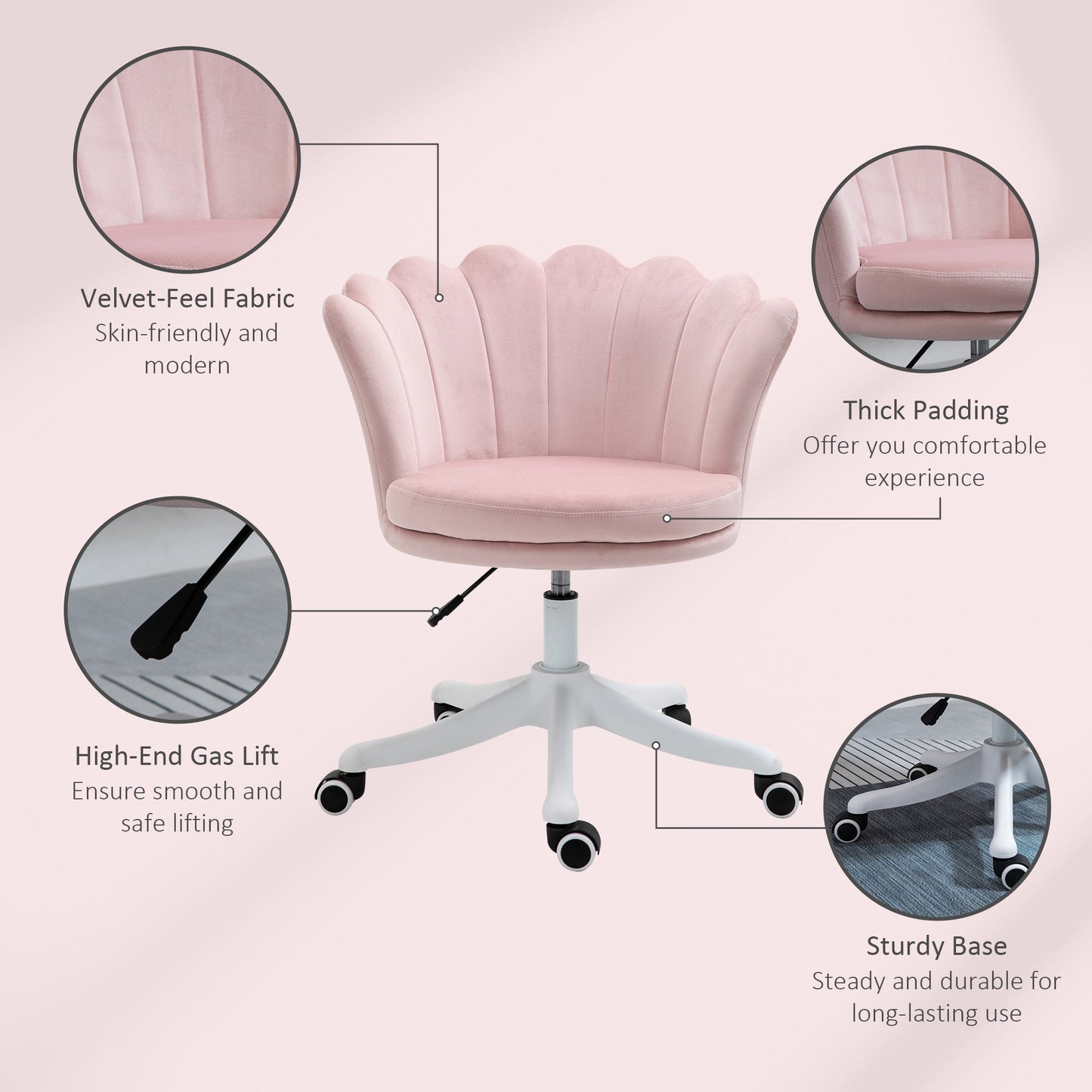 Mid Back Velvet Office Chair, Adjustable Height Study Chair, Vanity Chair with Swivel Wheels for Living Room, Study, Pink at Gallery Canada