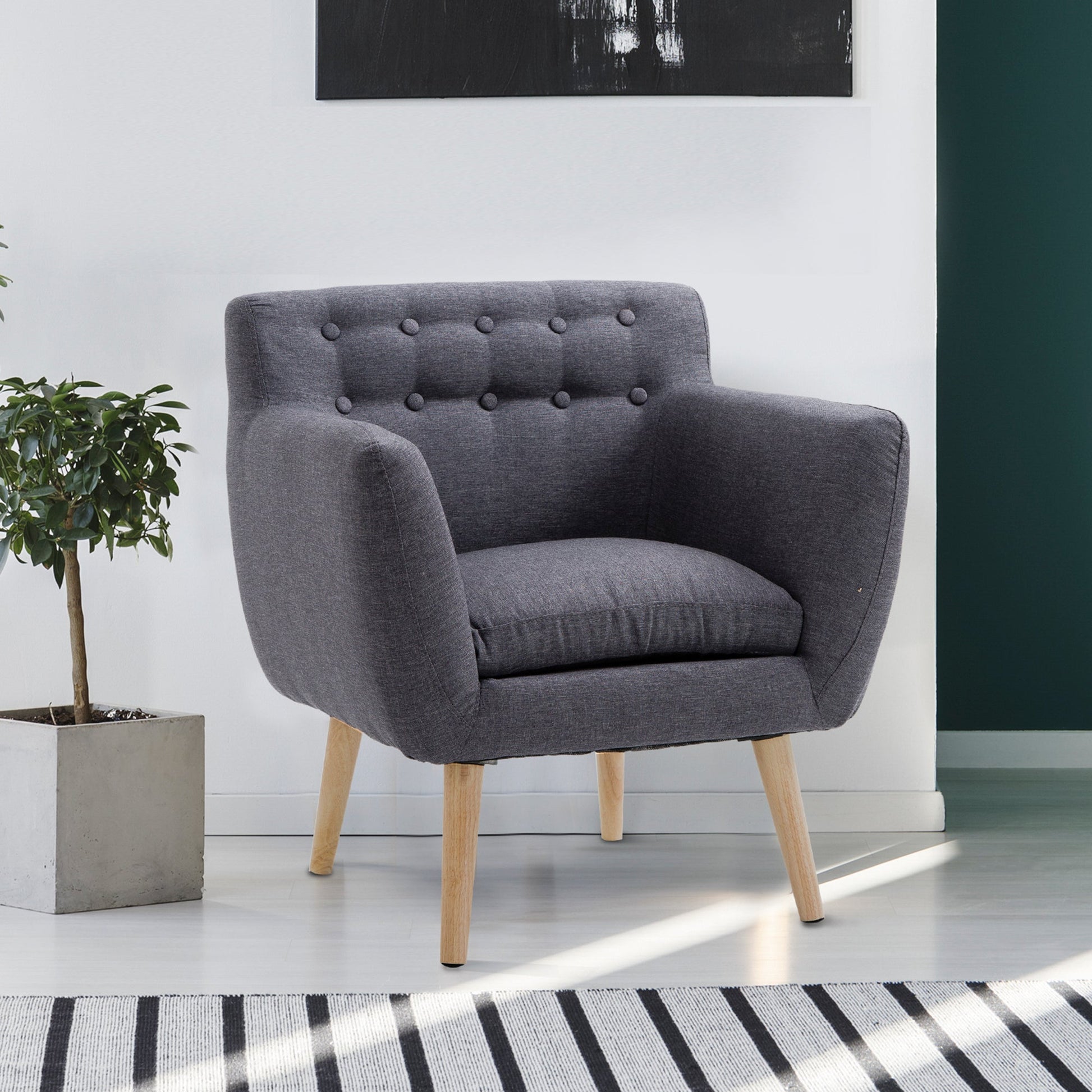 Mid-Century Modern Accent Chair, Linen Upholstery Armchair, Tufted Club Chair with Wood Frame and Thick Padding, Dark Grey at Gallery Canada