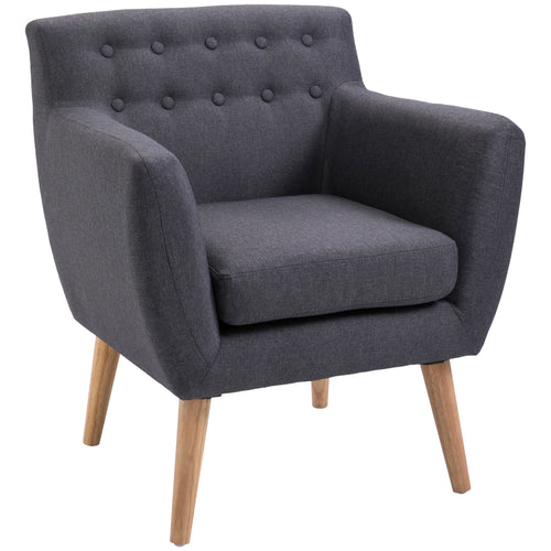 Mid-Century Modern Accent Chair, Linen Upholstery Armchair, Tufted Club Chair with Wood Frame and Thick Padding, Dark Grey