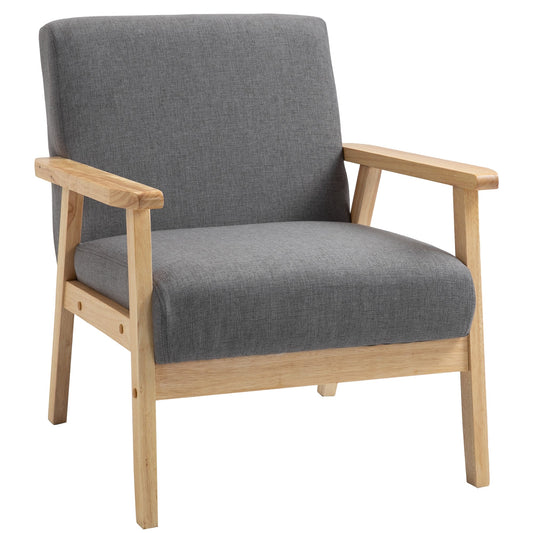 Minimalistic Accent Chairs Wood Frame w/ Thick Linen Cushions Wide Seat Armchair for Bedroom Office, Grey - Gallery Canada