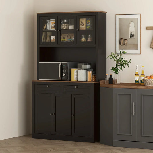 71" Pantry Cabinet with Microwave Space, Buffet Hutch, 2 Drawers, Adjustable Shelves, Black Kitchen Pantry Cabinets Black, Oak at Gallery Canada