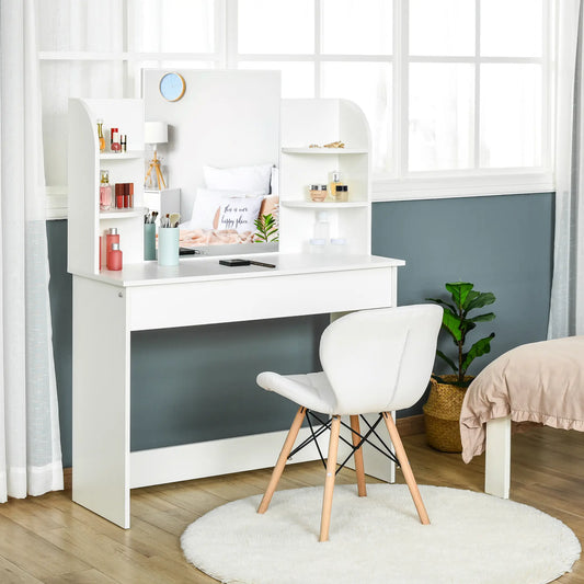 Wood Dressing Table With Makeup Mirror, Big Drawers, Open Shelf, White Dressing & Vanity Tables White at Gallery Canada