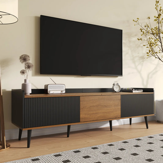 Three Door Stand, Raised Edge, Sturdy Wooden Legs, 63" L x 15.5" W x 19.5" H, Natural, Black TV Stands Black, Natural at Gallery Canada