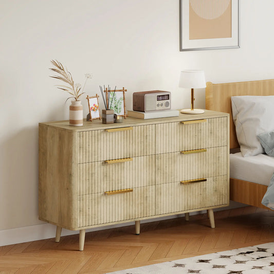 Fluted Chest of Drawers, 6 Drawer Dresser with Pine Wood Legs, Oak