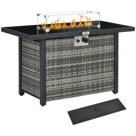 Propane Fire Pit Table 43" Outdoor Square Fire Table, 50,000 BTU Pulse-Ignition Wicker Firepit Furniture with Glass Wind Guard, Blue Glass Rock, CSA Certification, Grey at Gallery Canada