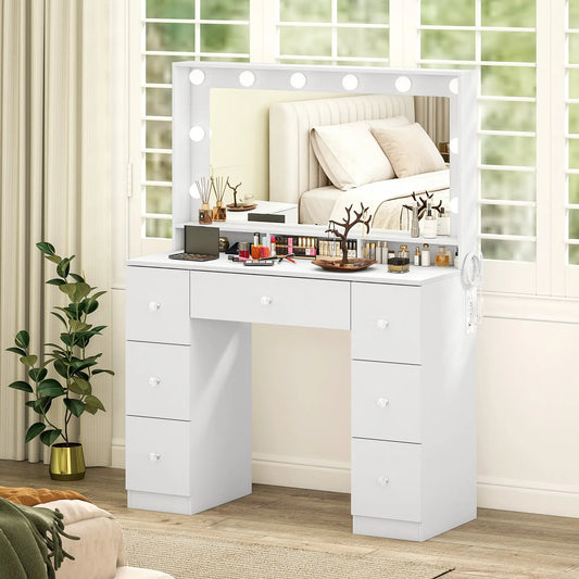 Vanity Desk with 10 Dimmable LED Lights, Mirror Dressing Table with 7 Drawers and Charging Station, White Dressing & Vanity Tables White at Gallery Canada
