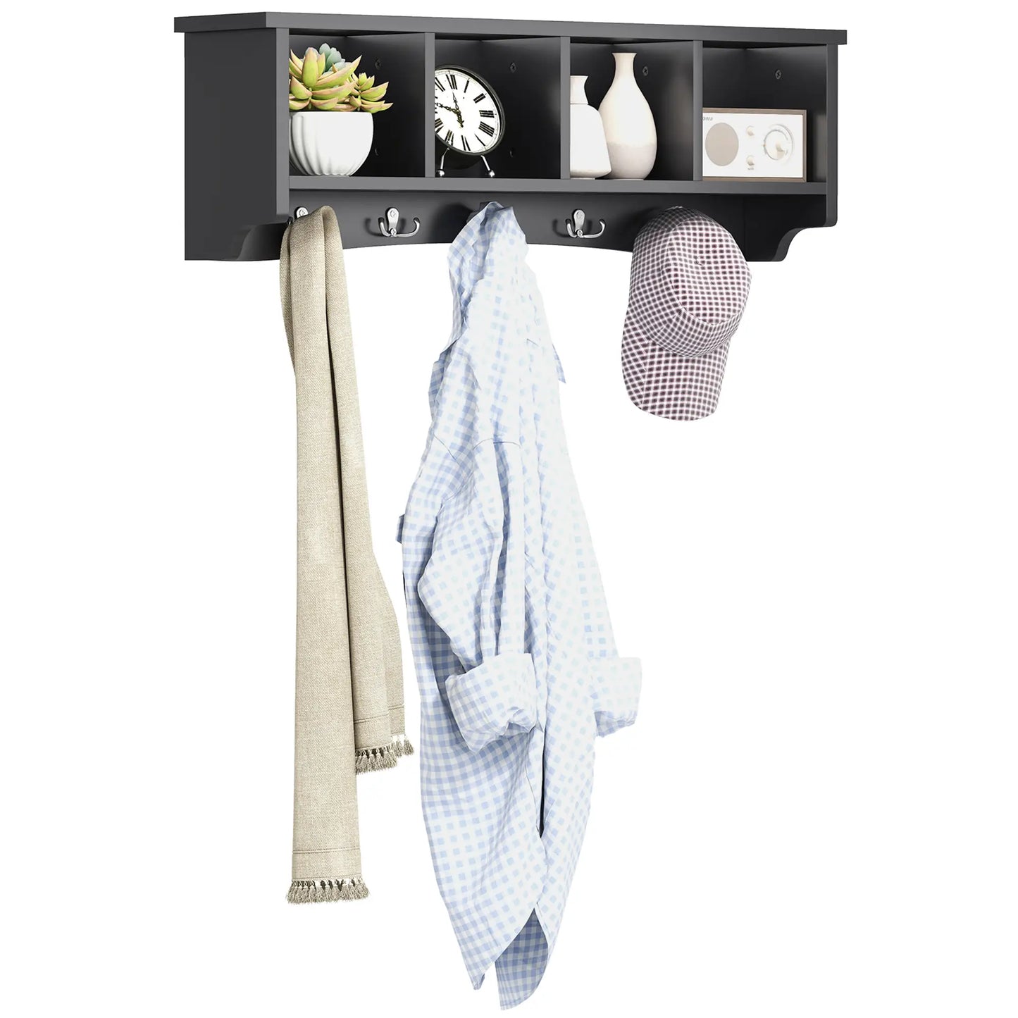 Wall Mount Coat Rack with Shelf, 28", 5 Hooks, 4 Compartments, Black